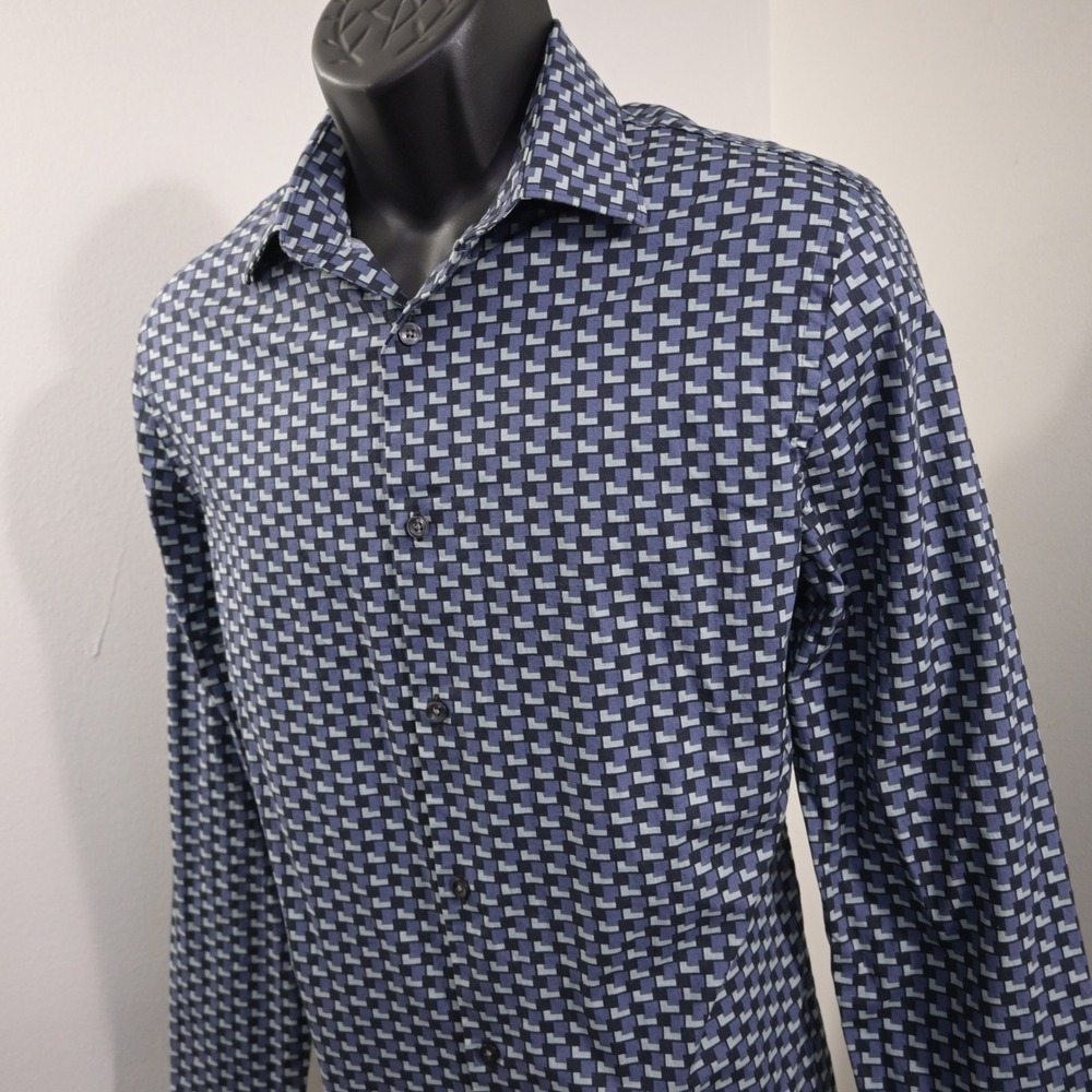 Express Slim 1MX Dress Shirt Mens M Slim Fit Blue Gray Geometric Button Up